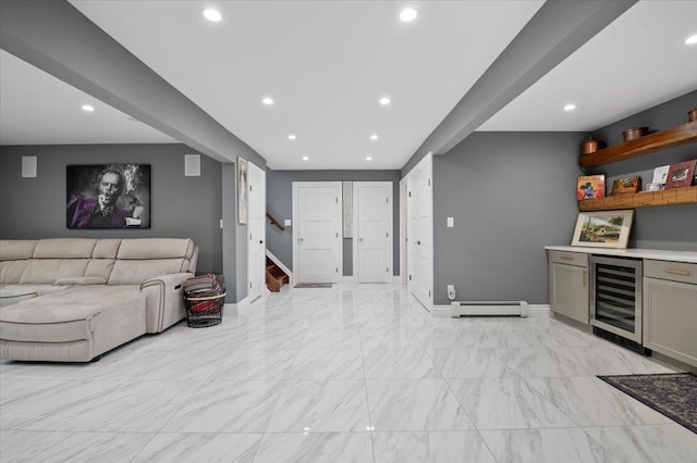 3 Knight Ln, Kings Park, NY 11754 - indoor dry bar featuring wine cooler, a baseboard radiator, recessed lighting, baseboards, and stairs