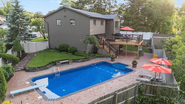 3 Knight Ln, Kings Park, NY 11754 - view of swimming pool featuring a deck, stairs, a patio area, and a diving board