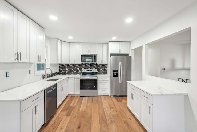 83 Scott Dr, Wappingers Falls, NY 12590 - kitchen with appliances with stainless steel finishes, tasteful backsplash, white cabinets, light wood finished floors, and recessed lighting