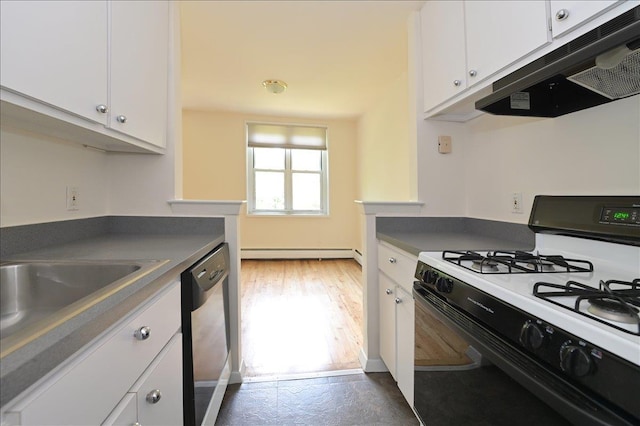25 Canterbury Rd Unit 3-T, Great Neck, NY 11021 - kitchen with range with gas cooktop, under cabinet range hood, dishwasher, a baseboard radiator, and white cabinets