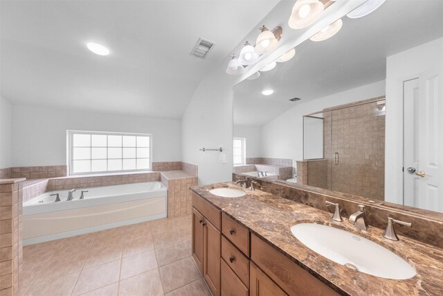 1 Country Club Dr, Middletown, NY 10940 - full bath featuring vaulted ceiling, a bath, tile patterned flooring, double vanity, and a shower stall