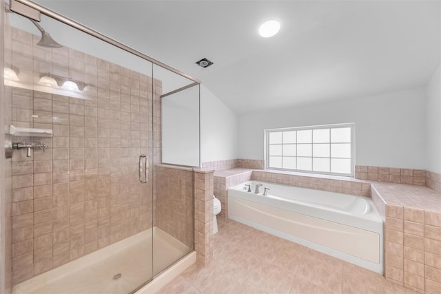 1 Country Club Dr, Middletown, NY 10940 - bathroom featuring a stall shower, a bath, tile patterned floors, toilet, and vaulted ceiling