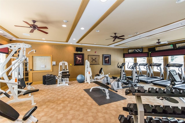 1 Country Club Dr, Middletown, NY 10940 - workout area with ceiling fan, carpet, a tray ceiling, baseboards, and recessed lighting
