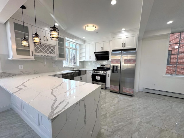 36-46 205th St, Bayside, NY 11361 - kitchen featuring appliances with stainless steel finishes, a peninsula, range hood, glass insert cabinets, and light stone countertops