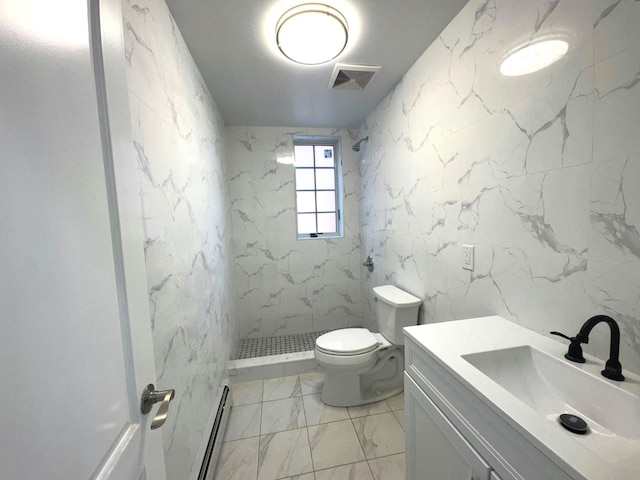 36-46 205th St, Bayside, NY 11361 - full bath featuring a baseboard heating unit, marble look tiles, toilet, a marble finish shower, and vanity