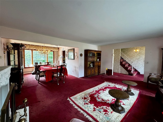 4 Susan Ct, Deer Park, NY 11729 - living area with carpet flooring, a chandelier, stairway, and a baseboard heating unit