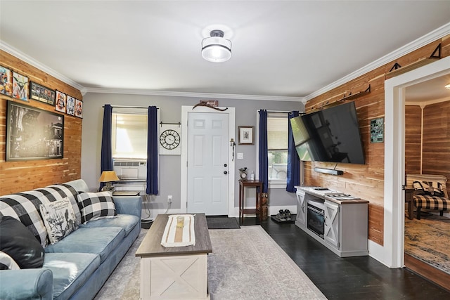 6 Gardner Hollow Rd, Poughquag, NY 12570 - living area featuring cooling unit, wooden walls, crown molding, and dark wood-style floors