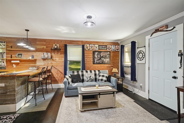 6 Gardner Hollow Rd, Poughquag, NY 12570 - living area with wood finished floors, ornamental molding, cooling unit, and wood walls