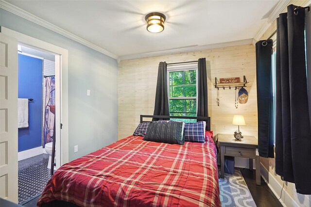 6 Gardner Hollow Rd, Poughquag, NY 12570 - bedroom with ornamental molding, wood walls, and wood finished floors