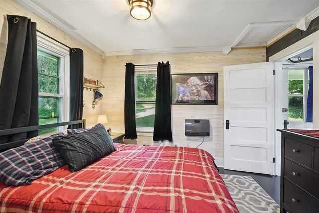 6 Gardner Hollow Rd, Poughquag, NY 12570 - bedroom featuring wooden walls, multiple windows, ornamental molding, and wood finished floors