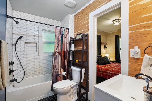 6 Gardner Hollow Rd, Poughquag, NY 12570 - bathroom with shower / bath combination with curtain, ensuite bathroom, tile patterned floors, vanity, and wooden walls