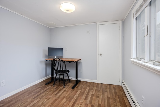 112 Middle Island Blvd, Middle Island, NY 11953 - office with baseboard heating, wood finished floors, and ornamental molding