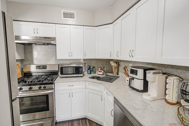 120 Fairview Cir Unit 120, Middle Island, NY 11953 - kitchen featuring appliances with stainless steel finishes, under cabinet range hood, a sink, white cabinetry, and light stone countertops