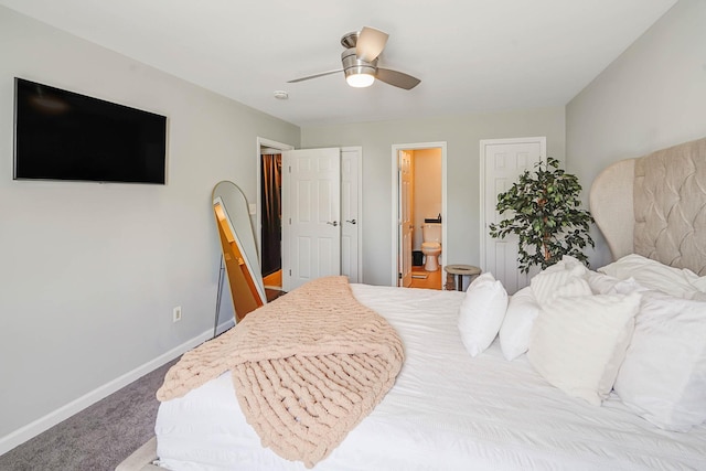 120 Fairview Cir Unit 120, Middle Island, NY 11953 - bedroom featuring carpet flooring, baseboards, ensuite bathroom, and a ceiling fan
