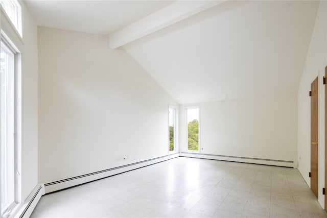 6 Bay View Dr, Hampton Bays, NY 11946 - unfurnished room featuring plenty of natural light, beamed ceiling, light floors, baseboard heating, and high vaulted ceiling