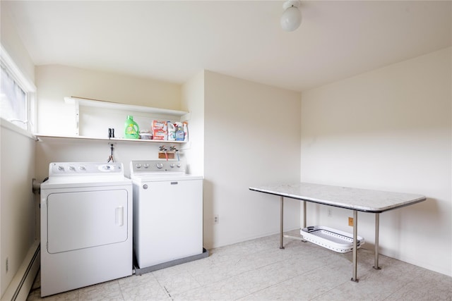 6 Bay View Dr, Hampton Bays, NY 11946 - washroom featuring baseboard heating and washing machine and clothes dryer