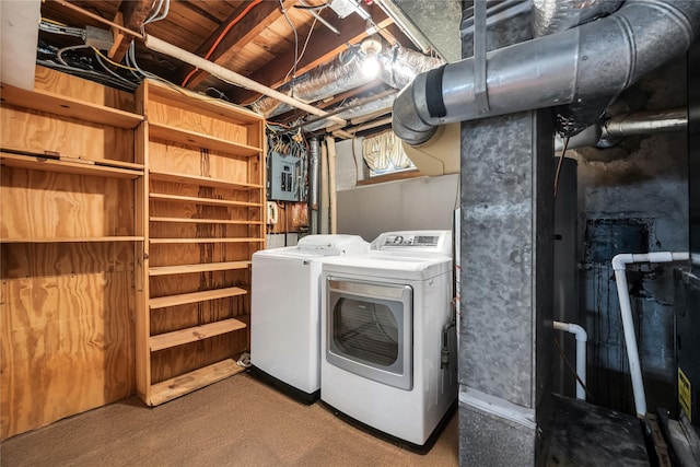 2193 Post St, East Meadow, NY 11554 - laundry room featuring washing machine and dryer, electric panel, and carpet floors