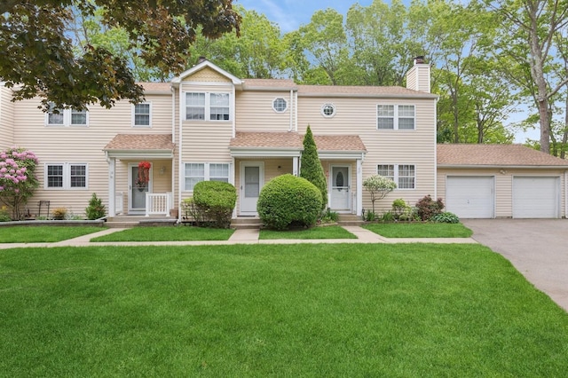 18 Taylor Commons, Yaphank, NY 11980 - townhome / multi-family property with a chimney, driveway, a front yard, and an attached garage