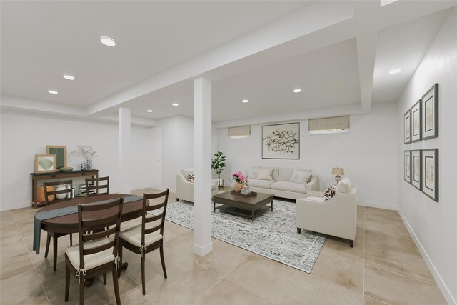 86-32 Avon St, Jamaica Estates, NY 11432 - living room featuring light tile patterned floors, recessed lighting, and baseboards
