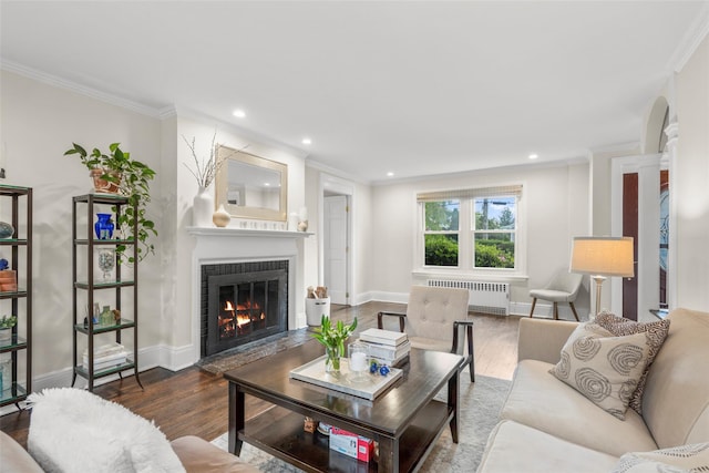 755 Webster Ave, New Rochelle, NY 10804 - living room featuring radiator, a fireplace with flush hearth, wood finished floors, crown molding, and baseboards