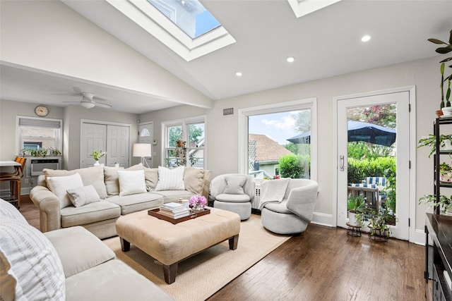 755 Webster Ave, New Rochelle, NY 10804 - living area featuring a skylight, lofted ceiling, recessed lighting, dark wood finished floors, and a ceiling fan