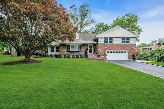 45 Pool Dr, Roslyn, NY 11576 - split level home featuring asphalt driveway, a garage, a chimney, and a front yard