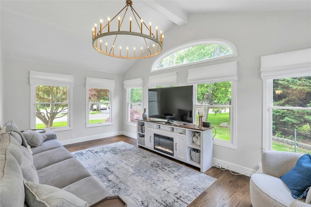 45 Pool Dr, Roslyn, NY 11576 - living area featuring a chandelier, beam ceiling, baseboards, dark wood finished floors, and high vaulted ceiling