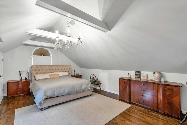 45 Pool Dr, Roslyn, NY 11576 - bedroom with dark wood finished floors, a chandelier, vaulted ceiling, and baseboards