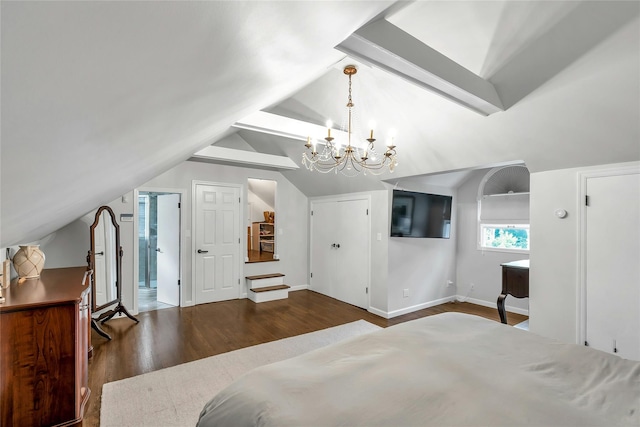 45 Pool Dr, Roslyn, NY 11576 - bedroom with a chandelier, wood finished floors, vaulted ceiling, and baseboards