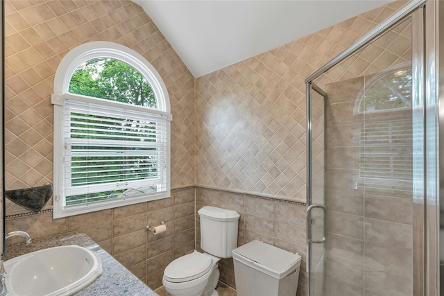 45 Pool Dr, Roslyn, NY 11576 - full bath with tile walls, vaulted ceiling, a stall shower, toilet, and vanity