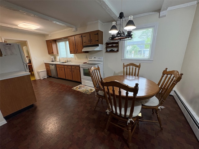 53 Canterbury Ln, North Babylon, NY 11703 - dining area with a baseboard radiator, a chandelier, beamed ceiling, dark wood finished floors, and baseboards
