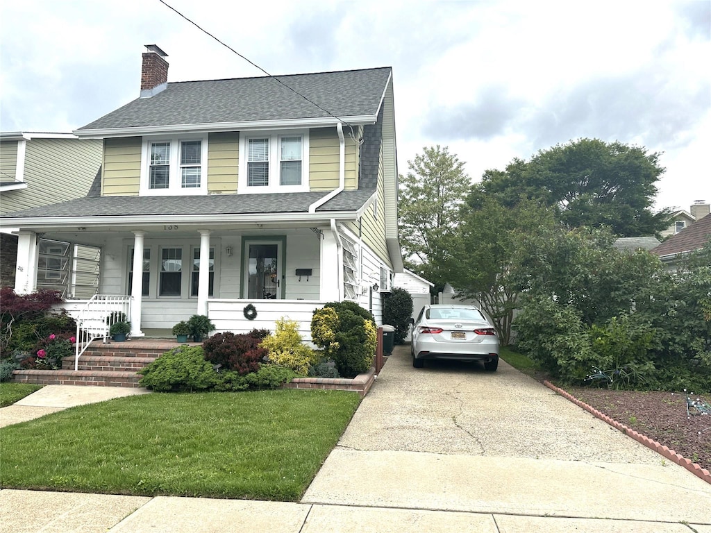 138 Oceanview Rd, East Rockaway, NY 11518 - view of front facade with covered porch, a front yard, a chimney, a shingled roof, and driveway