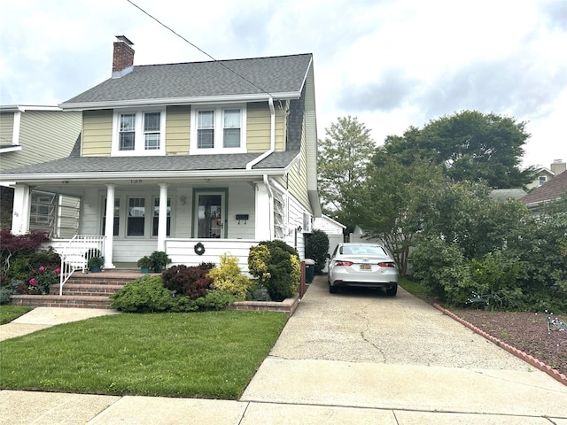 138 Oceanview Rd, East Rockaway, NY 11518 - view of front facade with covered porch, a front yard, a chimney, a shingled roof, and driveway
