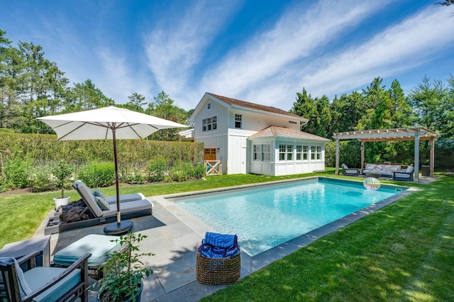 2 Longview Rd, Southampton, NY 11968 - view of swimming pool with a pergola, an outdoor structure, an exterior structure, an outdoor hangout area, and a lawn