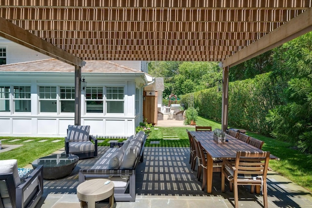 2 Longview Rd, Southampton, NY 11968 - view of patio with a pergola, outdoor dining area, and outdoor lounge area