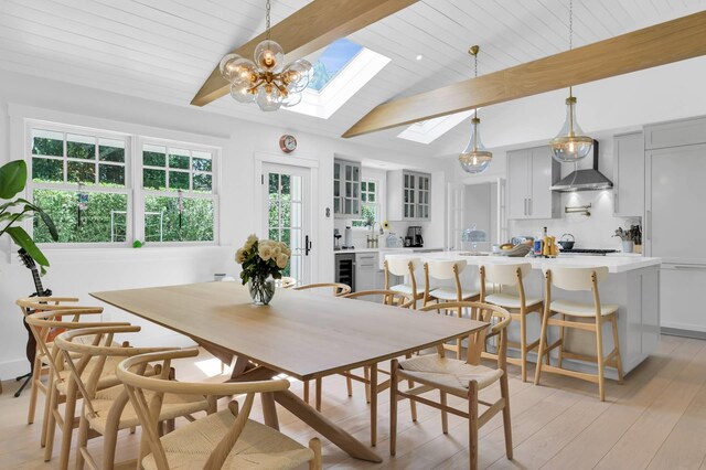 2 Longview Rd, Southampton, NY 11968 - dining space with a skylight, light wood-style flooring, wood ceiling, and beverage cooler