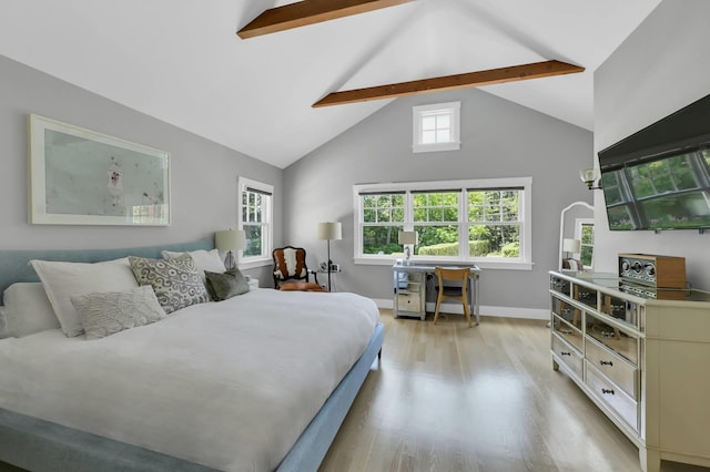 2 Longview Rd, Southampton, NY 11968 - bedroom featuring light wood-style floors, beamed ceiling, high vaulted ceiling, and baseboards