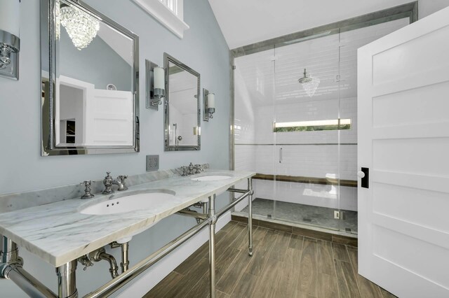 2 Longview Rd, Southampton, NY 11968 - full bathroom featuring a shower stall, wood finished floors, and double vanity