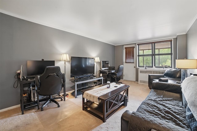 60 Barker St Unit 417, Mount Kisco, NY 10549 - living area with radiator heating unit, ornamental molding, light colored carpet, and a desk