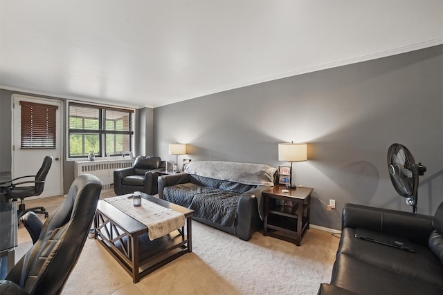 60 Barker St Unit 417, Mount Kisco, NY 10549 - living room featuring radiator, light carpet, and ornamental molding