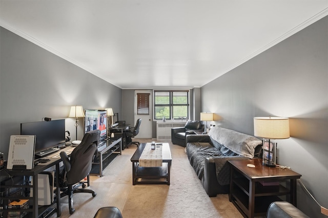 60 Barker St Unit 417, Mount Kisco, NY 10549 - carpeted living area featuring a desk, radiator, and crown molding