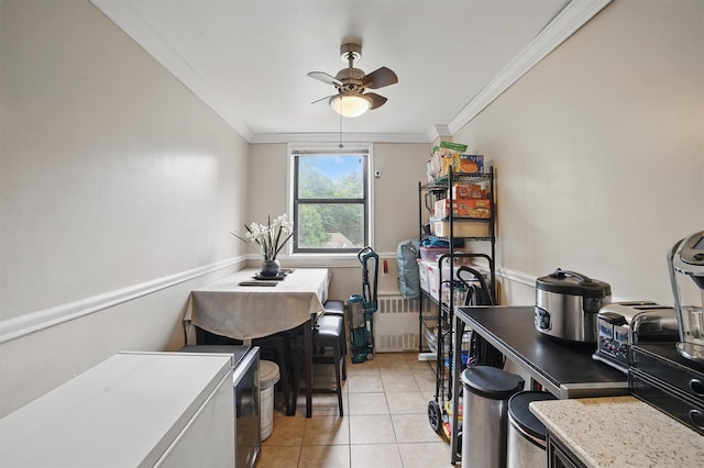 60 Barker St Unit 417, Mount Kisco, NY 10549 - dining room with a ceiling fan, ornamental molding, light tile patterned flooring, and radiator