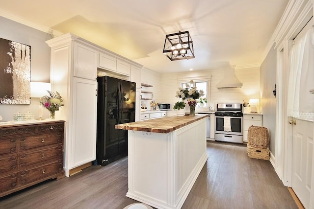 3454 State Route 208, Campbell Hall, NY 10916 - kitchen featuring appliances with stainless steel finishes, wooden counters, dark wood-style flooring, premium range hood, and white cabinetry