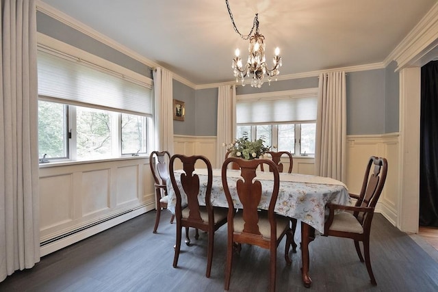 3454 State Route 208, Campbell Hall, NY 10916 - dining space with a baseboard heating unit, a decorative wall, a chandelier, wainscoting, and dark wood-type flooring