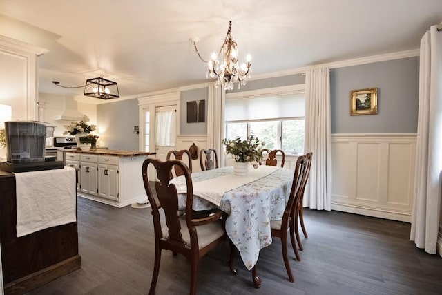3454 State Route 208, Campbell Hall, NY 10916 - dining area with a chandelier, a decorative wall, a wainscoted wall, dark wood finished floors, and ornamental molding