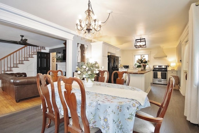 3454 State Route 208, Campbell Hall, NY 10916 - dining room featuring stairs, a chandelier, dark wood-style floors, and ornamental molding