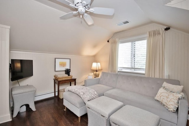 3454 State Route 208, Campbell Hall, NY 10916 - living area featuring a baseboard radiator, wood finished floors, a ceiling fan, and vaulted ceiling