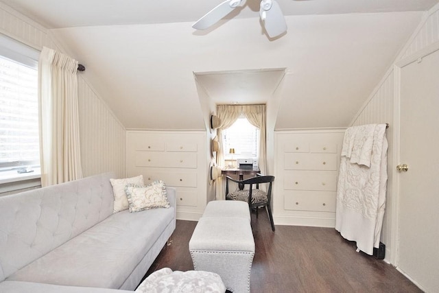 3454 State Route 208, Campbell Hall, NY 10916 - living room with vaulted ceiling, dark wood-type flooring, and ceiling fan