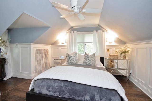 3454 State Route 208, Campbell Hall, NY 10916 - bedroom featuring a decorative wall, dark wood-style floors, vaulted ceiling, and ceiling fan