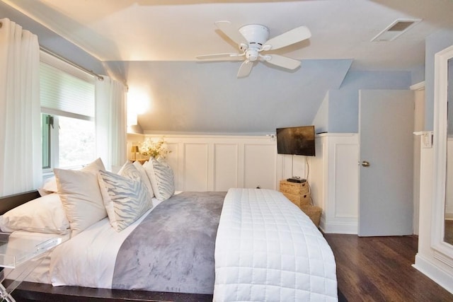 3454 State Route 208, Campbell Hall, NY 10916 - bedroom featuring a decorative wall, wood finished floors, vaulted ceiling, ceiling fan, and wainscoting